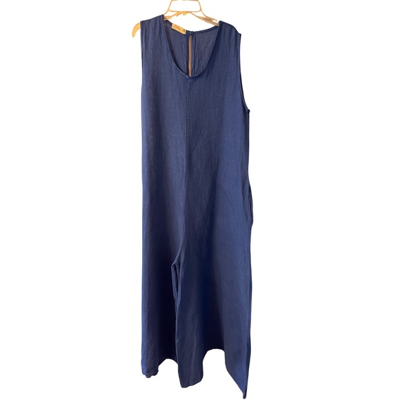 Puro Lino Pants - Puro Lino Jumpsuit Blue Linen Wide Leg Sleeveless Scoop Neck Pocket